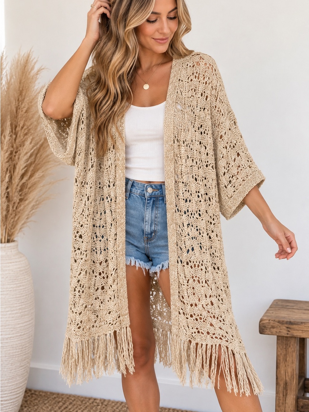 American Eagle Outfitters M/M Beige Open Knit Fringe Cardigan Boho